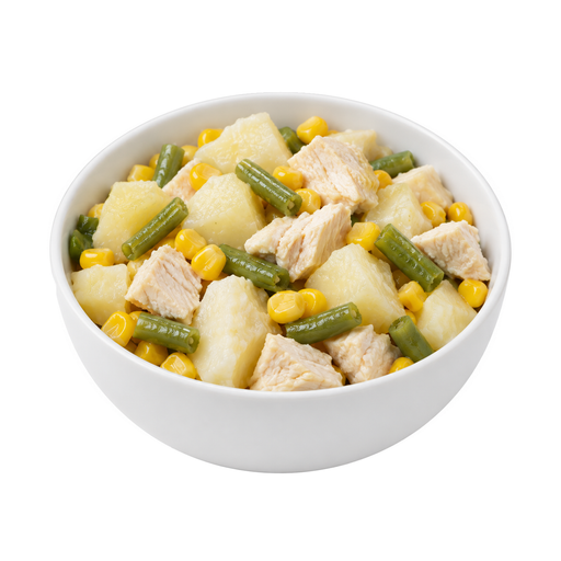 Illustration of Chicken or turkey, potatoes, and vegetables excluding carrots, broccoli, and dark-green leafy; no sauce