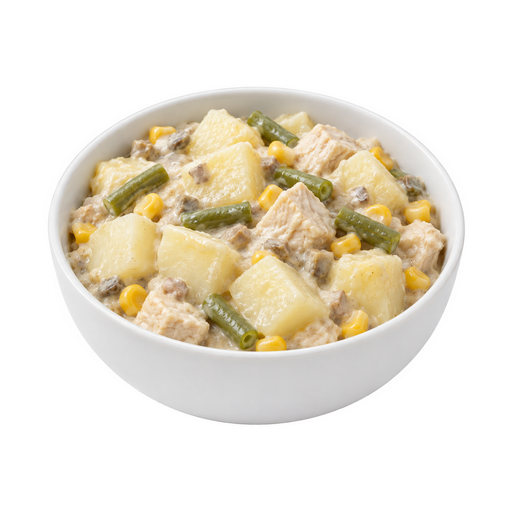 Illustration of Chicken or turkey, potatoes, and vegetables excluding carrots, broccoli, and dark-green leafy; cream sauce, white sauce, or mushroom sauce