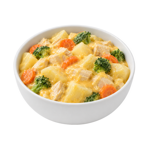 Illustration of Chicken or turkey, potatoes, and vegetables including carrots, broccoli, and/or dark-green leafy; cheese sauce