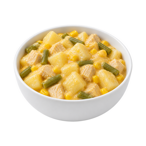Illustration of Chicken or turkey, potatoes, and vegetables excluding carrots, broccoli, and dark-green leafy; cheese sauce