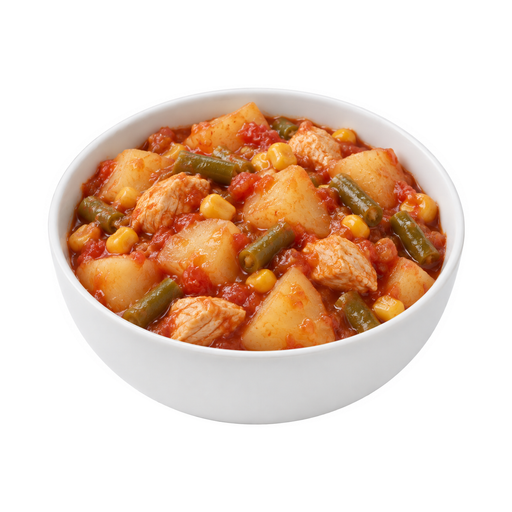 Illustration of Chicken or turkey, potatoes, and vegetables excluding carrots, broccoli, and dark-green leafy; tomato-based sauce