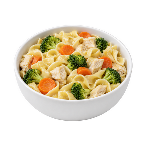 Illustration of Chicken or turkey, noodles, and vegetables including carrots, broccoli, and/or dark-green leafy; no sauce