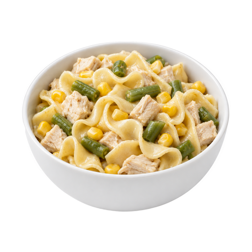 Illustration of Chicken or turkey, noodles, and vegetables excluding carrots, broccoli, and dark-green leafy; no sauce