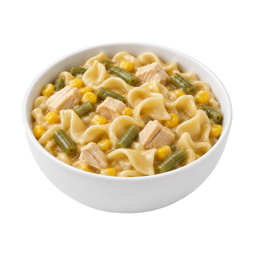 Illustration of Chicken or turkey, noodles, and vegetables excluding carrots, broccoli, and dark-green leafy; gravy