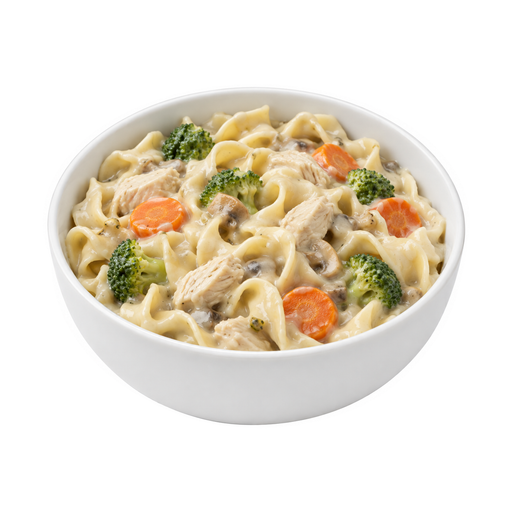 Illustration of Chicken or turkey, noodles, and vegetables including carrots, broccoli, and/or dark-green leafy; cream sauce, white sauce, or mushroom sauce