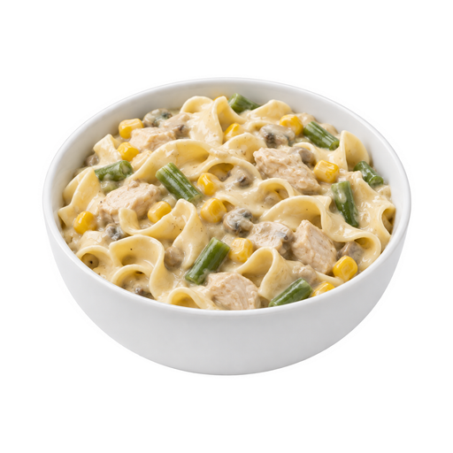 Illustration of Chicken or turkey, noodles, and vegetables excluding carrots, broccoli, and/or dark-green leafy; cream sauce, white sauce, or mushroom sauce