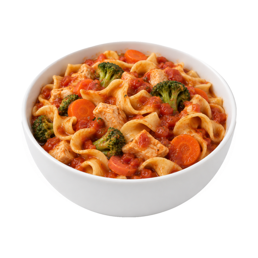 Illustration of Chicken or turkey, noodles, and vegetables including carrots, broccoli, and/or dark-green leafy; tomato-based sauce