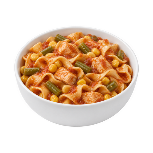 Illustration of Chicken or turkey, noodles, and vegetables excluding carrots, broccoli, and dark-green leafy; tomato-based sauce