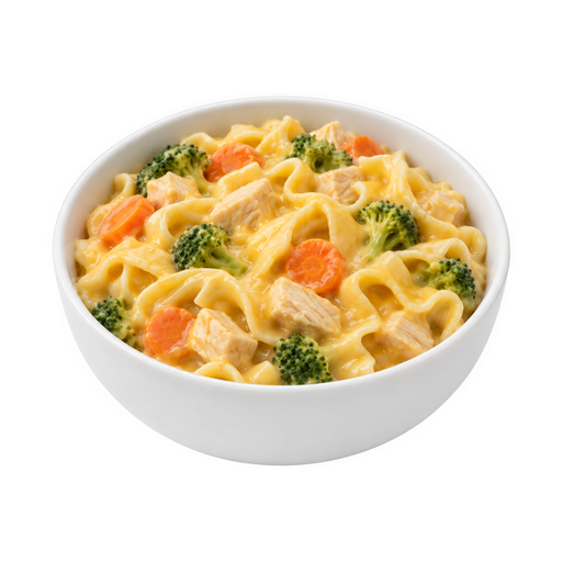 Illustration of Chicken or turkey, noodles, and vegetables including carrots, broccoli, and/or dark-green leafy; cheese sauce