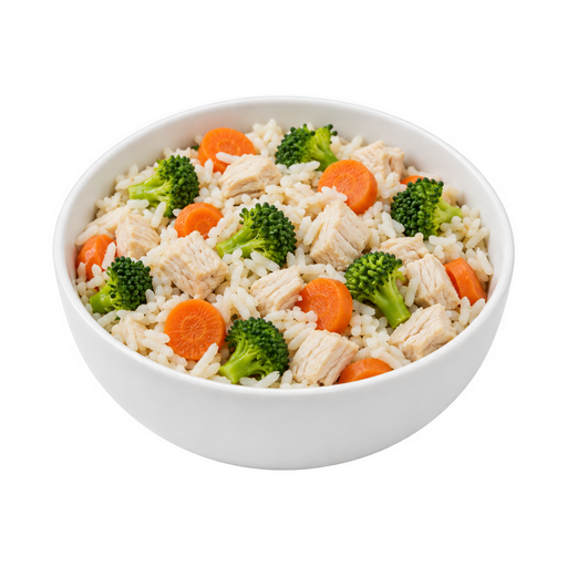 Illustration of Chicken or turkey, rice, and vegetables including carrots, broccoli, and/or dark-green leafy; no sauce
