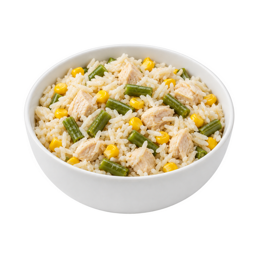 Ilustração de Frango ou peru e arroz, e vegetais, exceto cenoura, brócolis e folhas verde-escuras, sem molho