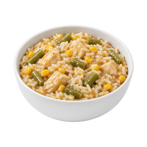Illustration of Chicken or turkey, rice, and vegetables excluding carrots, broccoli, and dark-green leafy; gravy
