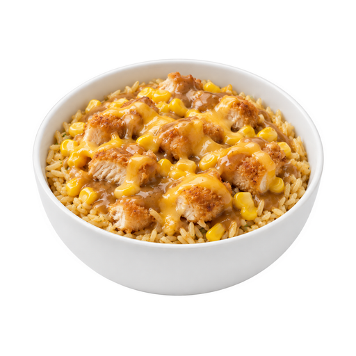 Illustration of Chicken or turkey, rice, corn, and cheese, with gravy