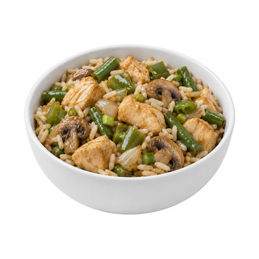 Illustration of Chicken or turkey, rice, and vegetables excluding carrots, broccoli, and dark-green leafy; soy-based sauce