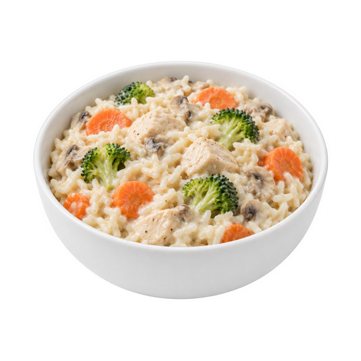 Ilustração de Frango ou peru e arroz, e vegetais, incluindo cenoura, brócolis e/ou folhas verde-escuras, com molho cremoso, branco ou de cogumelos