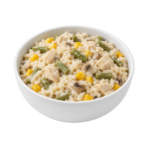Ilustração de Frango ou peru e arroz, e vegetais, exceto cenoura, brócolis e folhas verde-escuras, com molho cremoso, branco ou de cogumelos
