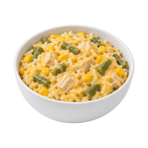 Illustration of Chicken or turkey, rice, and vegetables excluding carrots, broccoli, and dark-green leafy; cheese sauce