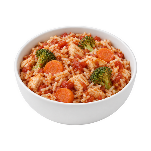 Ilustração de Frango ou peru e arroz, e vegetais, incluindo cenoura, brócolis e/ou folhas verde-escuras, com molho à base de tomate
