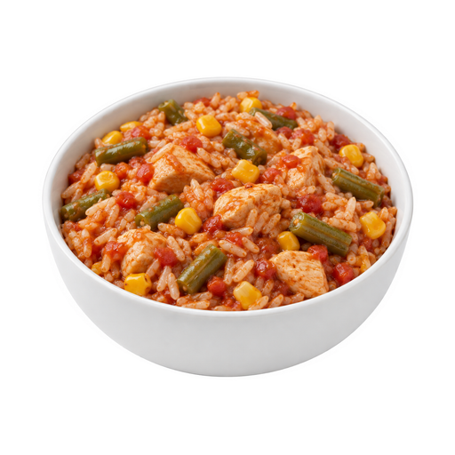 Ilustração de Frango ou peru e arroz, e vegetais, exceto cenoura, brócolis e folhas verde-escuras, com molho à base de tomate