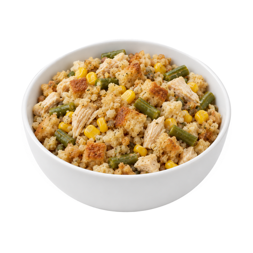 Illustration of Chicken or turkey,stuffing, and vegetables excluding carrots, broccoli, and dark green leafy; no sauce