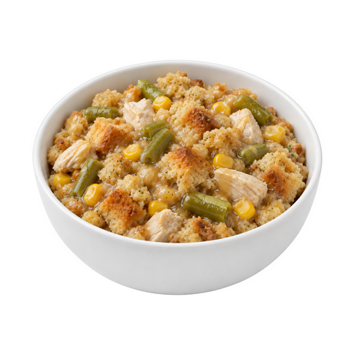 Illustration of Chicken or turkey, stuffing, and vegetables excluding carrots, broccoli, and dark-green leafy; gravy
