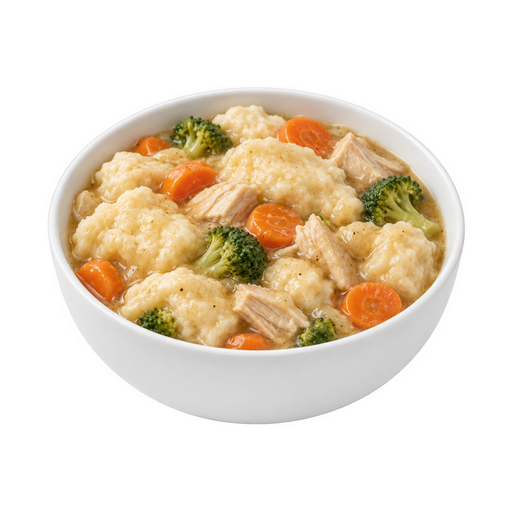 Illustration of Chicken or turkey, dumplings, and vegetables including carrots, broccoli, and/or dark green leafy; gravy