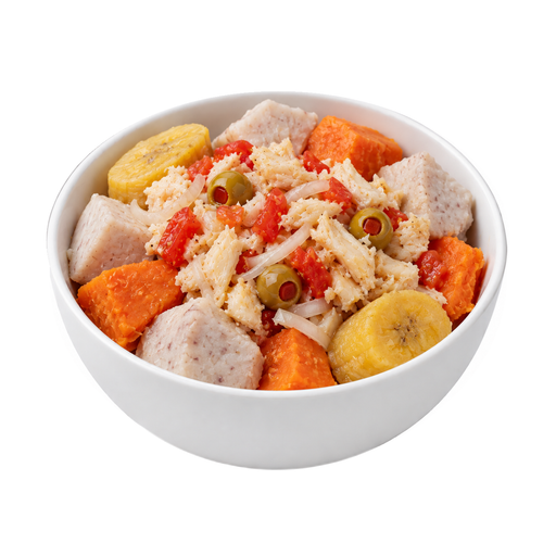 Illustration of Codfish with starchy vegetables, Puerto Rican style