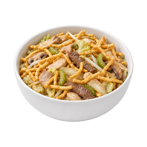 Ilustração de Chow mein ou chop suey, carnes variadas, com macarrão