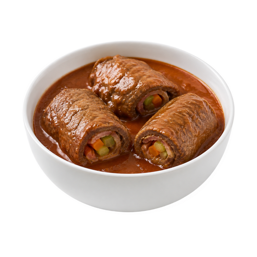Ilustração de Rolinhos de carne bovina recheados com vegetais ou mistura de carnes, molho à base de tomate