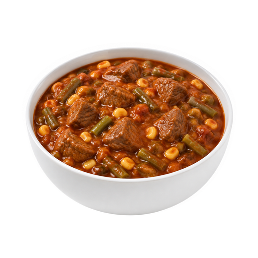 Illustration of Beef with vegetables excluding carrots, broccoli, and dark-green leafy; no potatoes, tomato-based sauce