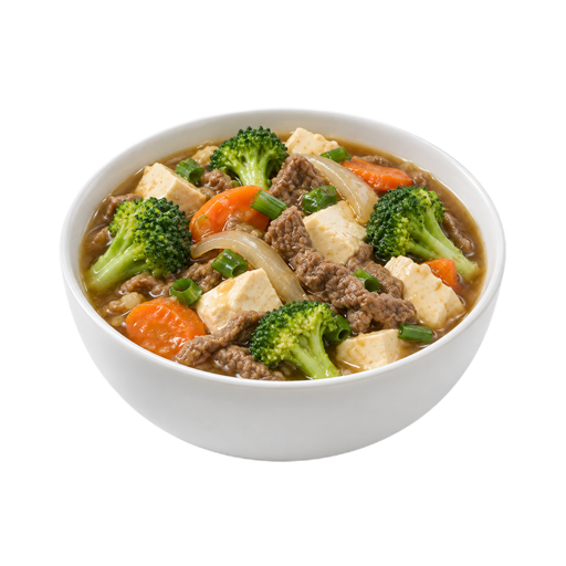 Ilustração de Carne bovina e tofu, e vegetais, incluindo cenoura, brócolis e/ou folhas verde-escuras, sem batatas, com molho à base de soja