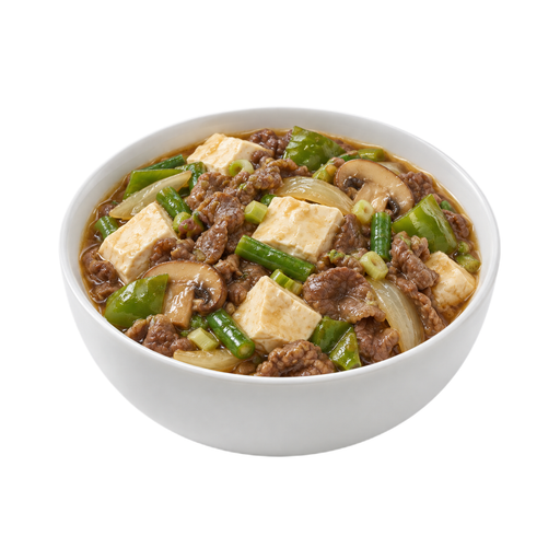 Illustration of Beef, tofu, and vegetables excluding carrots, broccoli,  and dark-green leafy; no potatoes, soy-based sauce