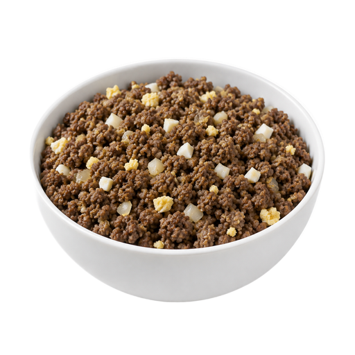 Illustration of Beef, ground, with egg and onion