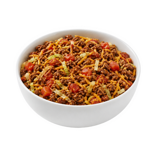 Illustration of Beef taco filling: beef, cheese, tomato, taco sauce