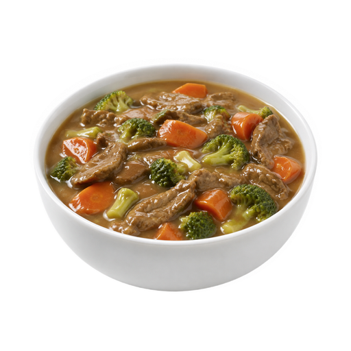 Illustration of Beef and vegetables including carrots, broccoli, and/or dark-green leafy; no potatoes, gravy