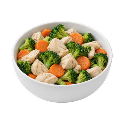 Illustration of Chicken or turkey and vegetables including carrots, broccoli, and/or dark-green leafy; no potatoes, no sauce