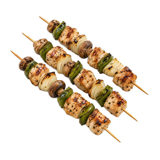 Illustration of Chicken or turkey shish kabob with vegetables, excluding potatoes