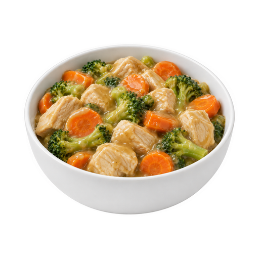 Illustration of Chicken or turkey and vegetables including carrots, broccoli, and/or dark-green leafy; no potatoes, gravy
