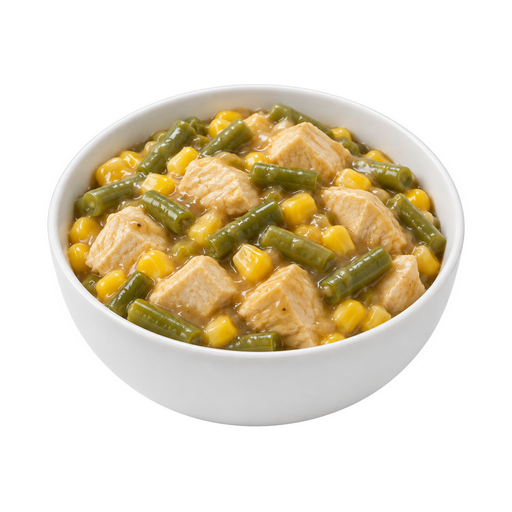 Ilustração de Frango ou peru, e vegetais, exceto cenoura, brócolis e folhas verde-escuras, sem batatas, com molho de carne