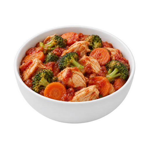 Illustration of Chicken or turkey and vegetables including carrots, broccoli, and/or dark-green leafy; no potatoes, tomato-based sauce