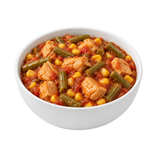 Ilustração de Frango ou peru, e vegetais, exceto cenoura, brócolis e folhas verde-escuras, sem batatas, com molho à base de tomate