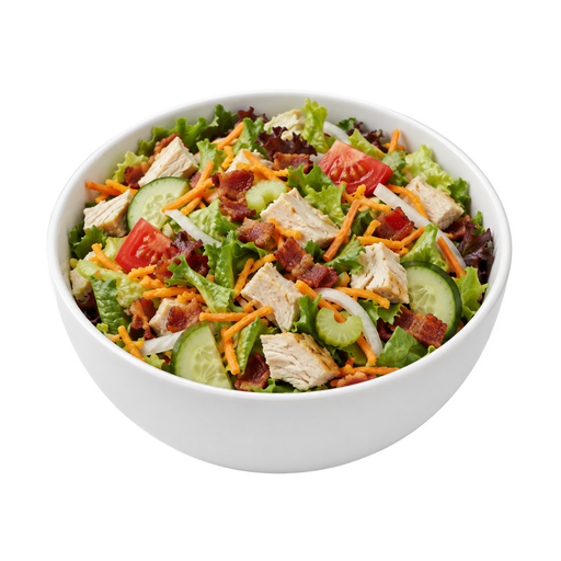 Ilustração de Salada de horta de frango ou peru com bacon e queijo, frango e/ou peru, bacon, queijo, alface e/ou folhas verdes, tomate e/ou cenoura, outros vegetais, sem molho