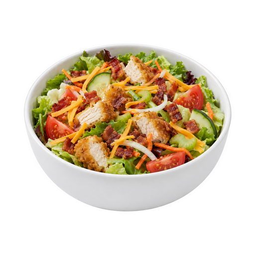 Ilustração de Salada de horta de frango ou peru com bacon e queijo, frango e/ou peru, bacon, queijo, alface e/ou folhas verdes, tomate e/ou cenoura, outros vegetais, sem molho, frango ou peru empanado e frito