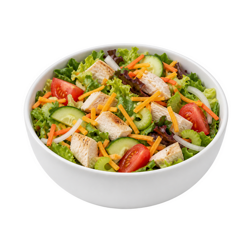 Illustration of Chicken or turkey garden salad with cheese, chicken and/or turkey, cheese, lettuce and/or greens, tomato and/or carrots, other vegetables, no dressing