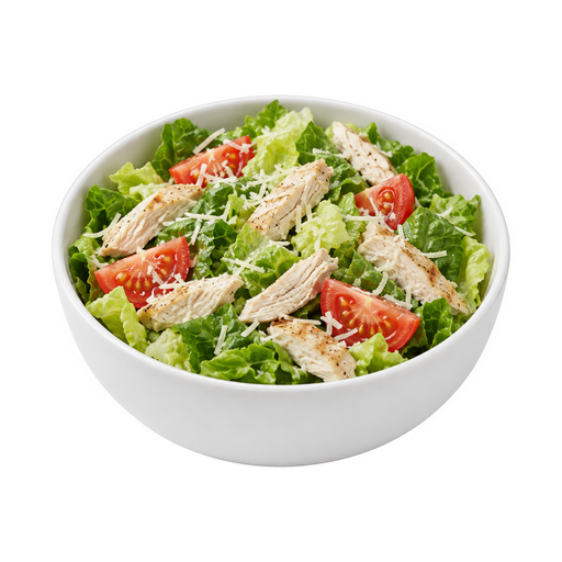 Illustration of Chicken or turkey caesar garden salad, chicken and/or turkey, lettuce, tomato, cheese, no dressing