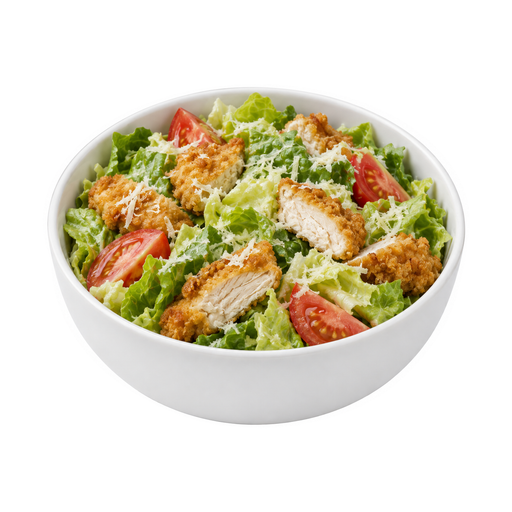 Ilustração de Salada Caesar de horta com frango ou peru, frango e/ou peru, alface, tomate, queijo, sem molho, frango ou peru empanado e frito