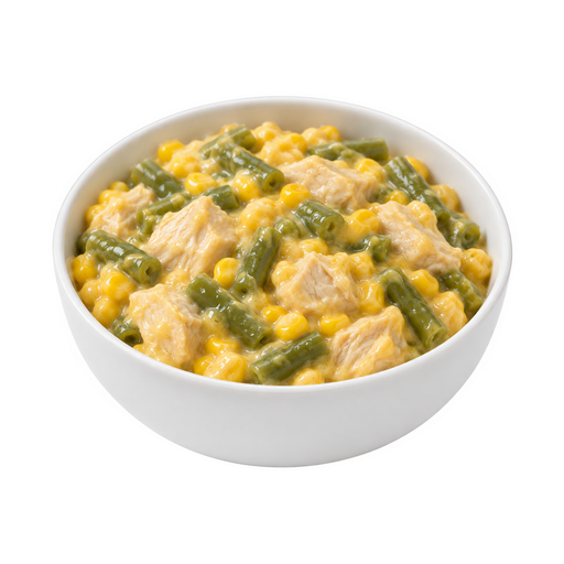 Illustration of Chicken or turkey and vegetables excluding carrots, broccoli, and dark-green leafy; no potatoes, cheese sauce