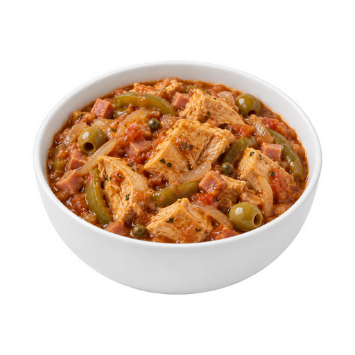 Ilustración de Fricasé de pollo o pavo, con salsa, sin patatas, patatas registradas por separado, al estilo puertorriqueño