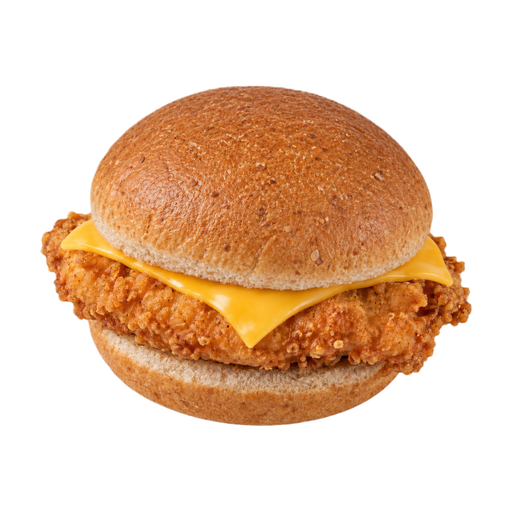 Illustration of Chicken fillet sandwich, fried, on wheat bun, with cheese