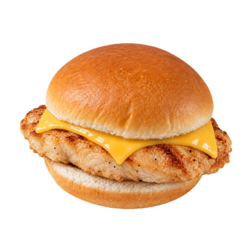 Illustration of Chicken fillet sandwich, grilled, on white bun, with cheese